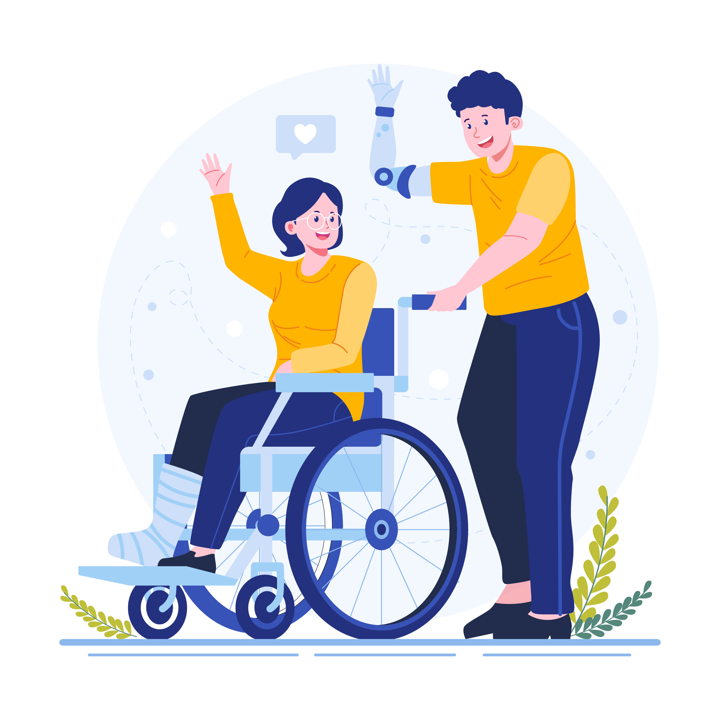 Disabled man helping woman push wheelchair